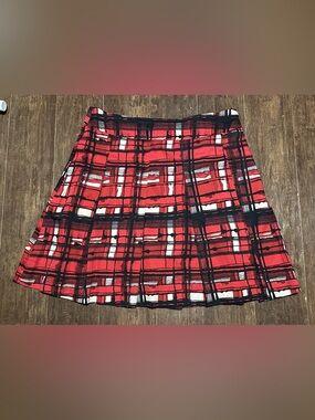 New York & Company Pleated Plaid A-Line Skirt Red Black White Women’s 16